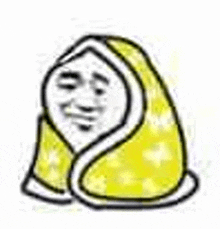 a cartoon character is wrapped in a yellow blanket and smiling .