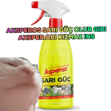 a yellow spray bottle of asperox cleaner with a red cap