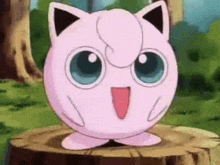 jigglypuff from pokemon is sitting on a tree stump with its tongue out .