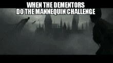 when the dementors do the mannequin challenge , a man is flying through the air in front of a castle in the fog .