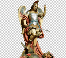 a statue of an angel holding a sword and a dragon