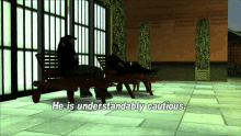 a screenshot of a video game with the words he is understandably cautious at the bottom