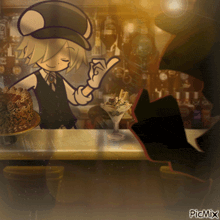 a cartoon of a man standing behind a counter with a cake and a cup of ice cream with the watermark picmix
