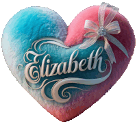 a pink and blue heart with the word elizabeth on it