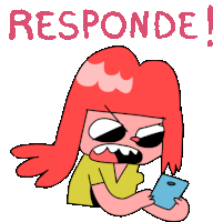 a cartoon of a girl with red hair holding a cell phone with the words responde written above her