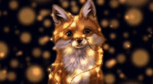 a fox is wrapped in a string of christmas lights and looking at the camera .