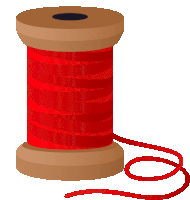 a wooden spool of red thread with a black hole in the center