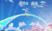 a person riding a skateboard on a rainbow in the sky