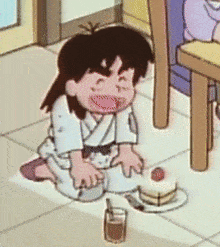 a cartoon character is sitting on the floor next to a cake and a glass