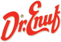 a red dr. enuf logo with a white r on it