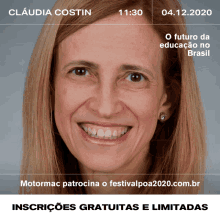 a poster for claudia costin shows a smiling woman and the date 04/12/2020