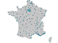 a map of france with blue dots showing cities