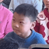 a young boy in a blue sweater is sitting in a classroom with other children and making a funny face .