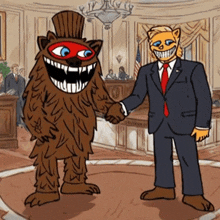 a cartoon drawing of a man in a suit shaking hands with a monster