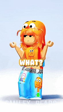 a girl with orange hair is wearing a cartoon character costume and says what ?