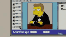 a cartoon of a man in a tuxedo is displayed on a computer screen with the words sciumedesign below it