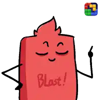 a cartoon drawing of a red block with the word blast written on it