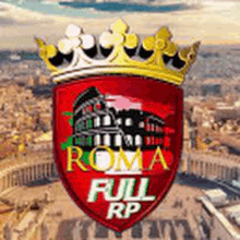 a red shield with a crown on top of it and the words `` full roma '' on it .