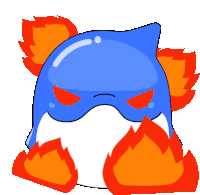 a cartoon drawing of a blue monster with red eyes and orange flames