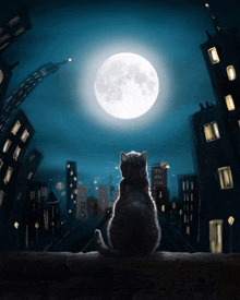 a cat is sitting on a wall looking at the full moon