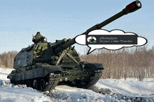 a tank is driving through the snow with a speech bubble that says war thunder