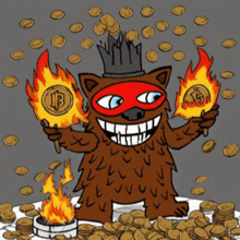 a cartoon drawing of a bear with a crown on his head holding a coin that says b on it