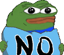 a cartoon frog is wearing a blue shirt that says no .