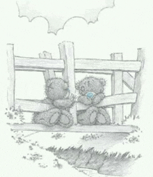 two teddy bears sitting on a wooden fence .