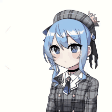 a drawing of a girl with blue hair wearing a plaid outfit