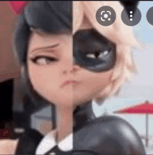 a close up of a cartoon character 's face and a close up of a cat noir cartoon character 's face .