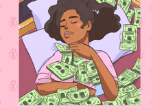 a cartoon of a woman laying on a bed surrounded by stacks of money