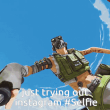 a video game character is flying through the air with the words just trying out instagram #selfie below him