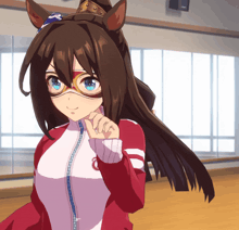 a girl in a red and white jacket is wearing a mask on her face