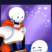 a cartoon drawing of papyrus and sans with hearts coming out of his mouth