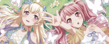 two anime girls are laying on a lush green field with flowers in their hair