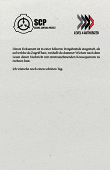 a paper that says scp secure contain protect level 4 authorized and ich wünsche noch einen schönen tag