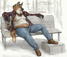 a drawing of a fox sitting on a bench with a bottle in his hand