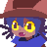 a pixel art drawing of a girl wearing a hat and a blue sweater .