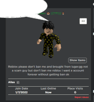 a screenshot of a roblox account with a speech bubble above it