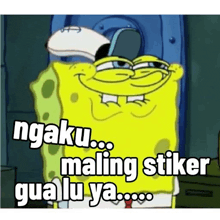 spongebob squarepants is wearing a hat and making a funny face while standing next to a door .