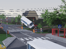 a pixelated image of a bus that has crashed into a railroad crossing