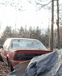 a red car is parked in the woods with a tarp on the ground