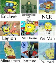 a collage of spongebob squarepants characters including enclave brotherhood of steel legion mr. house and yes man