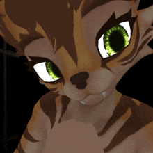 a close up of a cartoon cat with green eyes