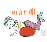 a cartoon of a woman doing push ups on a red exercise ball with the words on a roll below her