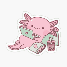 a cute pink axolotl is sitting on a pillow using a laptop computer .