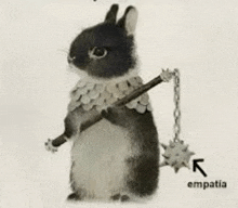 a black and white drawing of a rabbit holding a sword and chain .