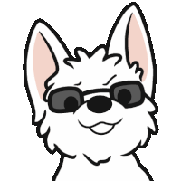 a cartoon drawing of a white dog wearing sunglasses and smiling .