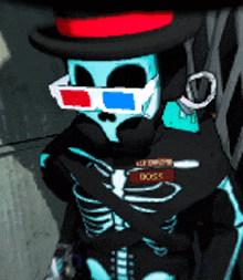 a cartoon of a skeleton wearing 3d glasses and a hat with the word boss on it