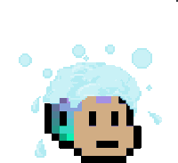 a pixel art drawing of a person with soap bubbles in their hair